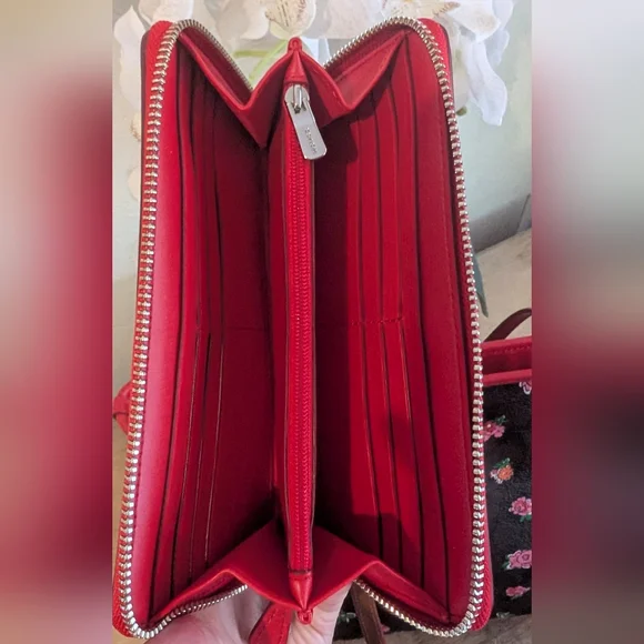 Coach City Tote Brown Leather Signature C Floral Print With Red Trim And Wallet - Picture 14 of 15